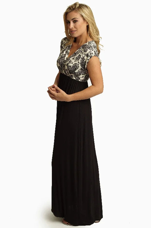 Animal Print Dresses for Fun -Ivory Black Paisley Draped Top Maxi Dress