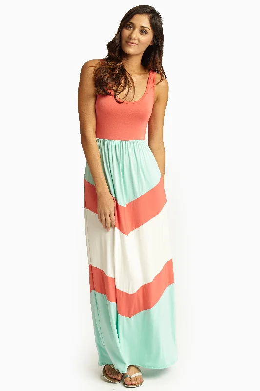 Blue Dresses for Classic -Coral Chevron Printed Bottom Maxi Dress