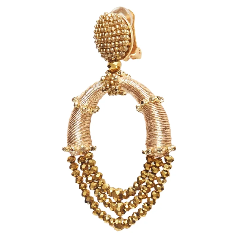 Crystal and Pearl Drop Earrings for Glamour -Oscar De La Renta Bronze Gold Beaded Coil Big Hoop Clip On Earrings Pair