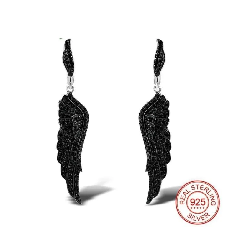 Drop Earrings for Yoga Session -Black Angel's Wing 925 Sterling Silver  Cubic Zirconia Earrings