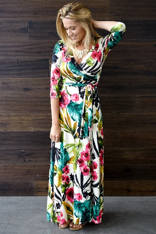 Office Dresses for Business -Ivory Tropic Floral 3/4 Sleeve Maxi Dress