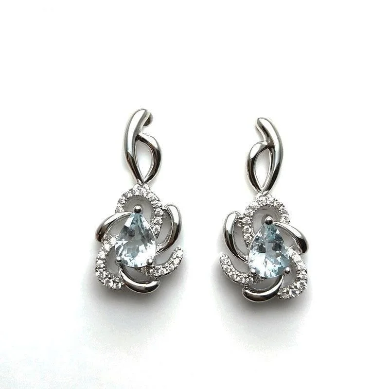 Diamond Drop Earrings for Luxury -Vintage Flower Brazilian Aquamarine in 925 Silver Rose Gold Earrings