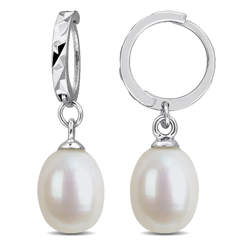 Drop Earrings with Symbolic Elements -Miadora 7-8mm Cultured Freshwater Pearl Huggie Drop Earrings Sterling Silver