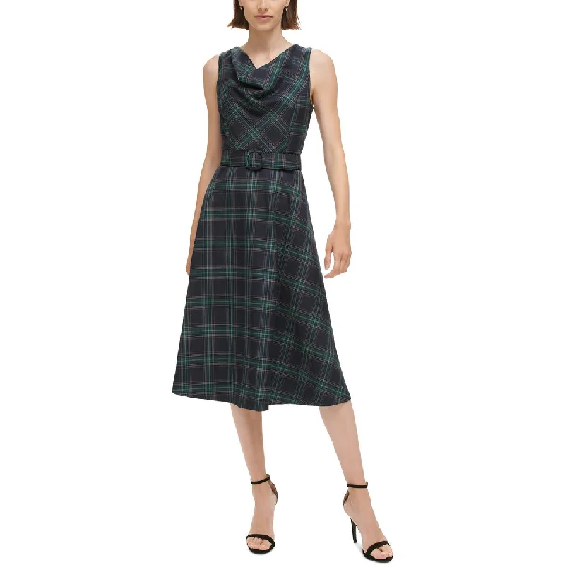 Tie-up Dresses for Decorative -Vince Camuto Womens Plaid Mid Calf Shift Dress