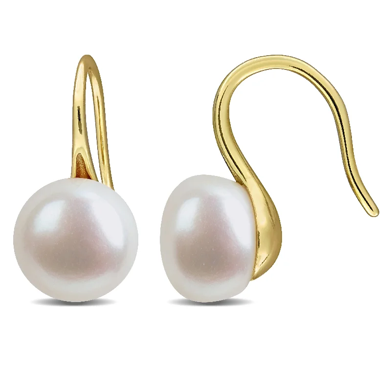 Drop Earrings for Concert Look -Miadora 8-9mm Cultured Freshwater Pearl Wave Shepherd Hook Earrings Yellow Plated Sterling Silver