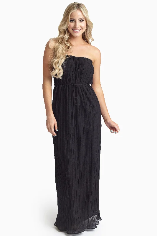 Cocktail Dresses for Party Time -Black Pleated Chiffon Strapless Maxi Dress