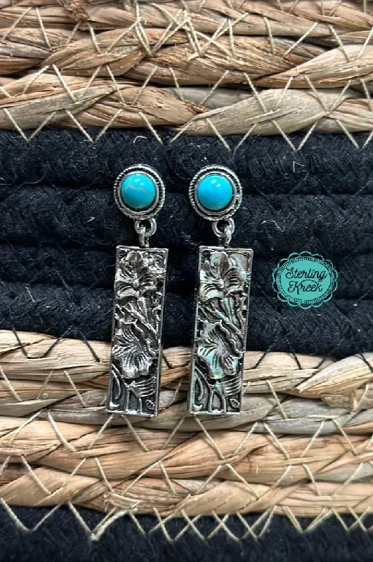 Drop Earrings with Enamel Coating -Floral Tooled Turquoise Earrings