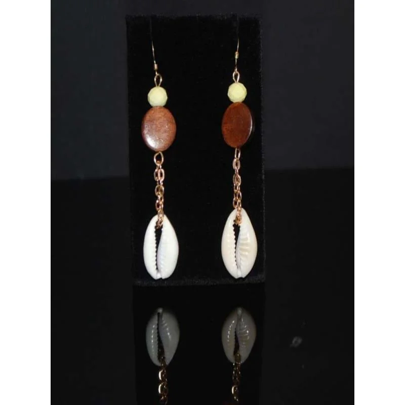 Indian Drop Earrings with Intricacy -Sea Shell Cowrie and Wood Boho Women's Earrings