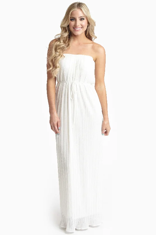 Sleeveless Dresses for Coolness -Ivory Pleated Chiffon Strapless Maxi Dress