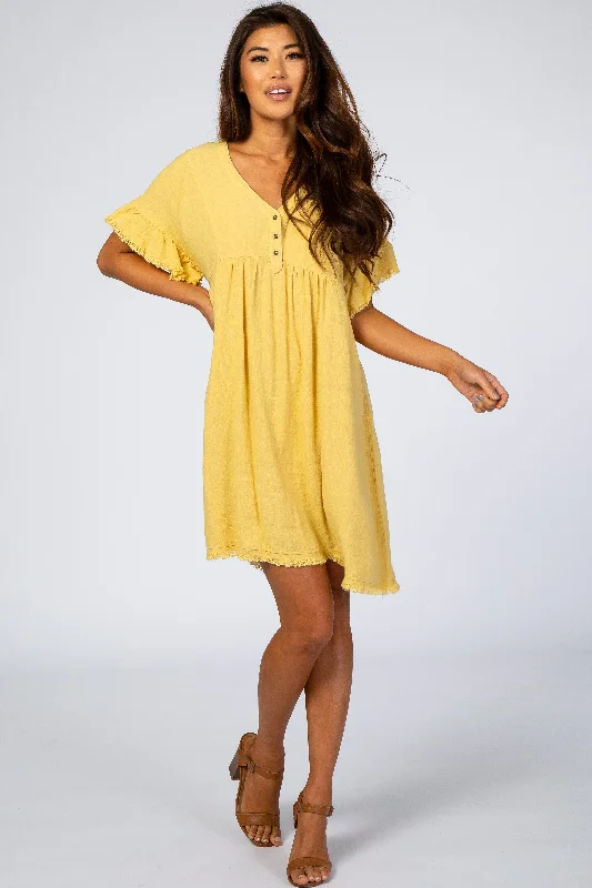 Sundress Dresses for Sunny -Yellow Linen Fringe Trim Babydoll Dress