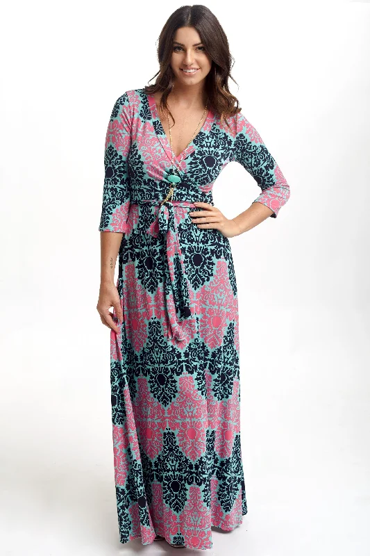 Valentine's Day Dresses for Romance -Mint Fuchsia Damask Draped 3/4 Sleeve Maxi Dress