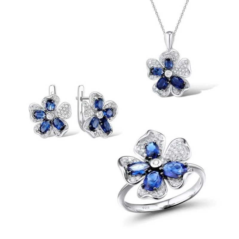 Drop Earrings for Bridesmaids Look -Silver Flower Bridal Wedding Blue CZ Stones Ring Earrings Pendant Set 925 Sterling Silver Jewelry Set