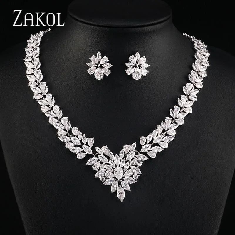 Square Drop Earrings for Modern -Flower Shape Cubic Zircon Necklace Earrings Classic Wedding Jewelry Sets