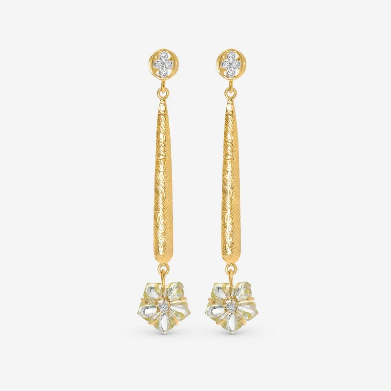 Retro Drop Earrings for Nostalgia -SuperOro 18K Yellow Gold, Diamond and Topaz Flower Drop Earrings 62206