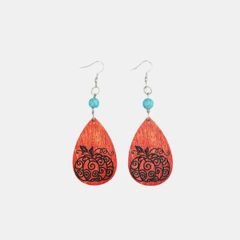 Drop Earrings for Graduation Day -Turquoise Wooden Pumpkin Teardrop Earrings Halloween Jewelry