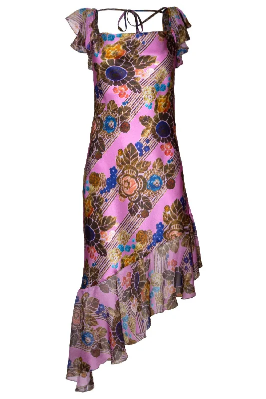 Tiered Dresses for Voluminous -Flower Detail Asymmetrical Printed Dress