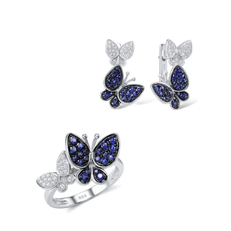 Hippie Drop Earrings with Beads -Gorgeous Butterfly Earrings Ring Genuine 100% 925 Sterling Silver Sparkling Jewelry Set