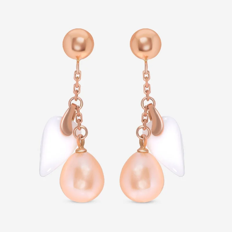 Drop Earrings for Prom Night -SuperOro 18K Rose Gold, Pink Pearl and Chalcedony Drop Earrings 62634