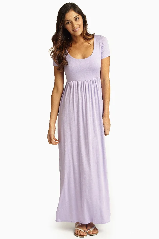 Ruffled Dresses for Girly -Lilac Solid Short Sleeve Maxi Dress