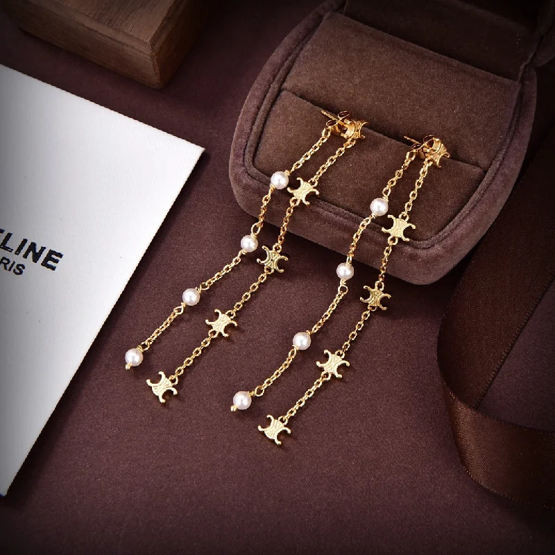 Punk Drop Earrings with Spikes -Celine's new double layered long tassel gold earrings EHA85