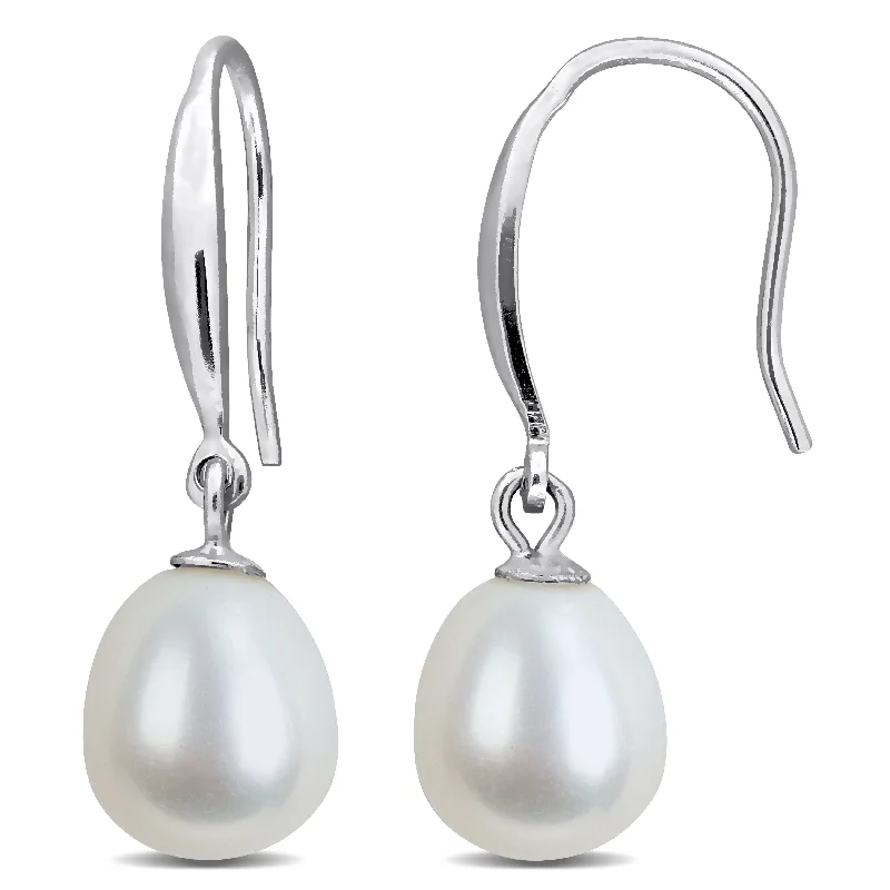 Drop Earrings with Leaf Motifs -Miadora 8-9mm Cultured Freshwater Pearl Slim Shepherd Hook Earrings Sterling Silver