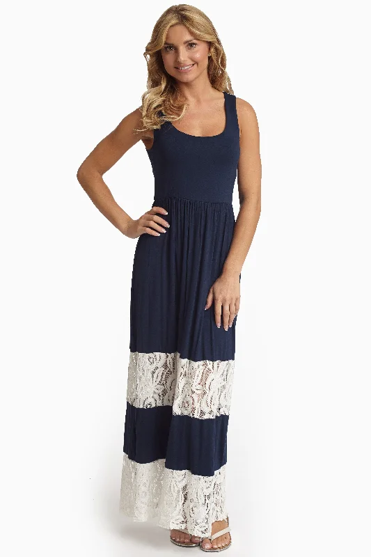 Valentine's Day Dresses for Romance -Navy Blue Lace Colorblock Maxi Dress