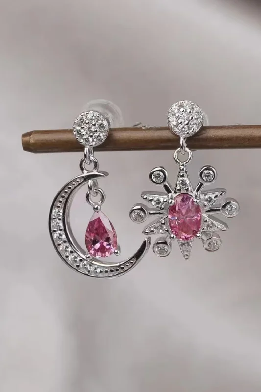 Drop Earrings for Wedding Ceremony -2 Carat Moissanite  Moon & Star Earrings Deep Rose Stone 925 Sterling Silver