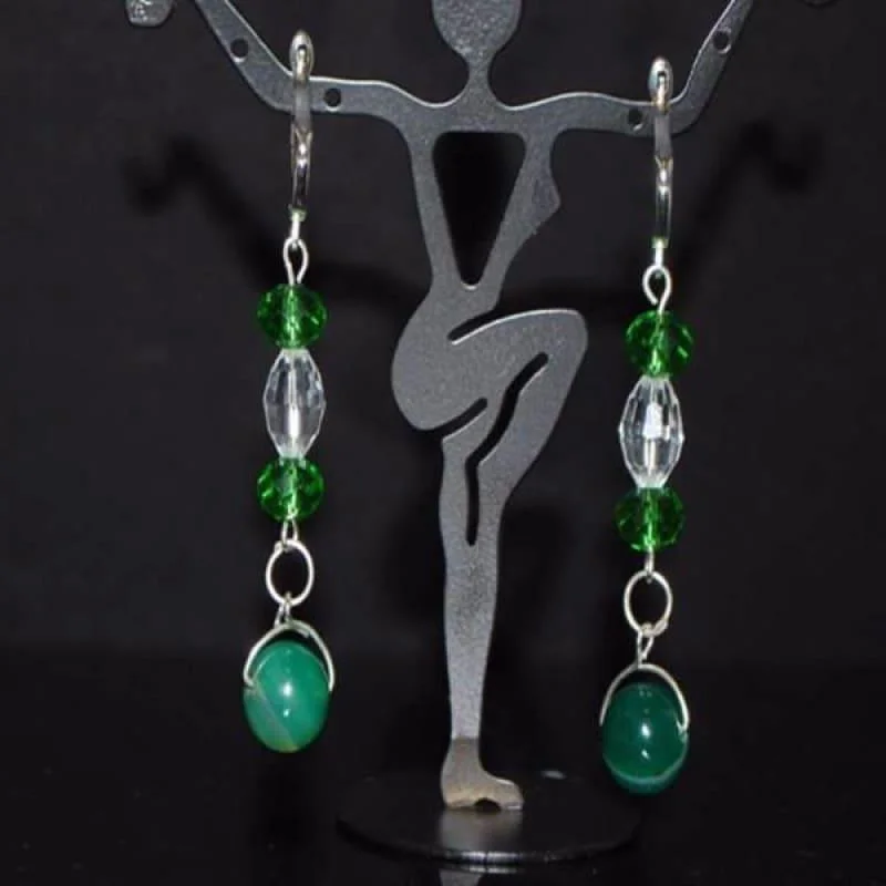 Push Back Drop Earrings for Convenience -Green Stripe Agate Onyx Earrings