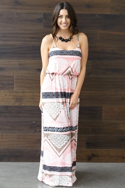 Zippered Dresses for Convenience -Pink Aztec Printed Maxi Dress