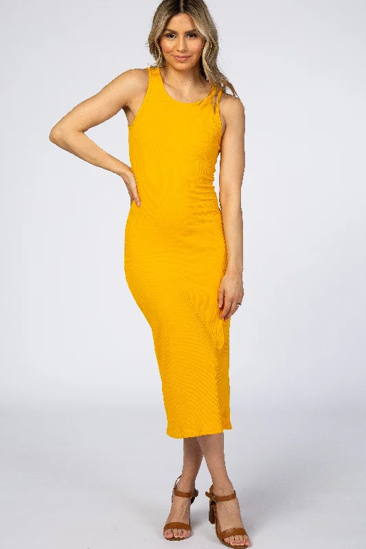 Midi Dresses for Versatile Wear -Yellow Ribbed Midi Dress