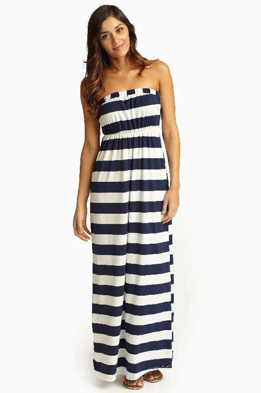 Capri Dresses for Playful -Navy Blue White Striped Strapless Maxi Dress