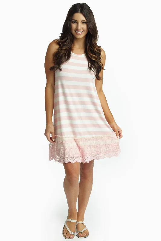 Work Dresses for Professional -Light Pink Striped Lace Trim Tank Dress