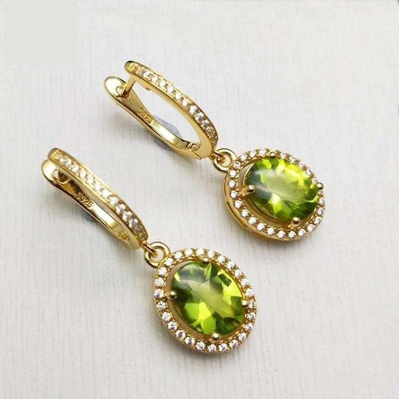 Drop Earrings with Debossed Designs -Peridot Oval 7*9mm Gemstone  925 Sterling Silver Clasp Earrings