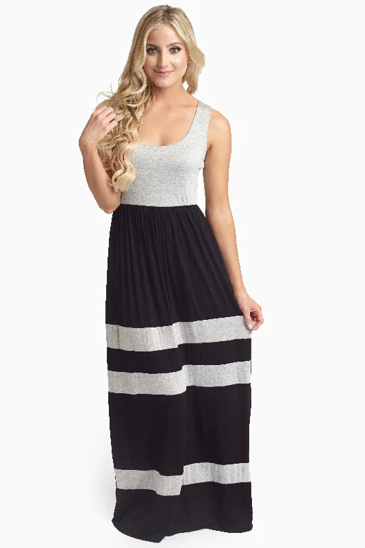 Khaki Dresses for Casual -Black Grey Striped Bottom Colorblock Maxi Dress