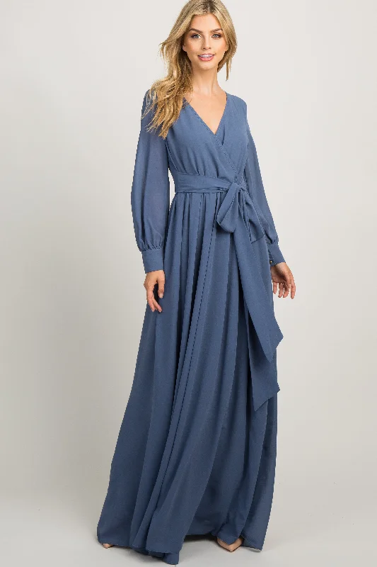 Lace Dresses for Delicate -Blue Chiffon Long Sleeve Pleated Maxi Dress