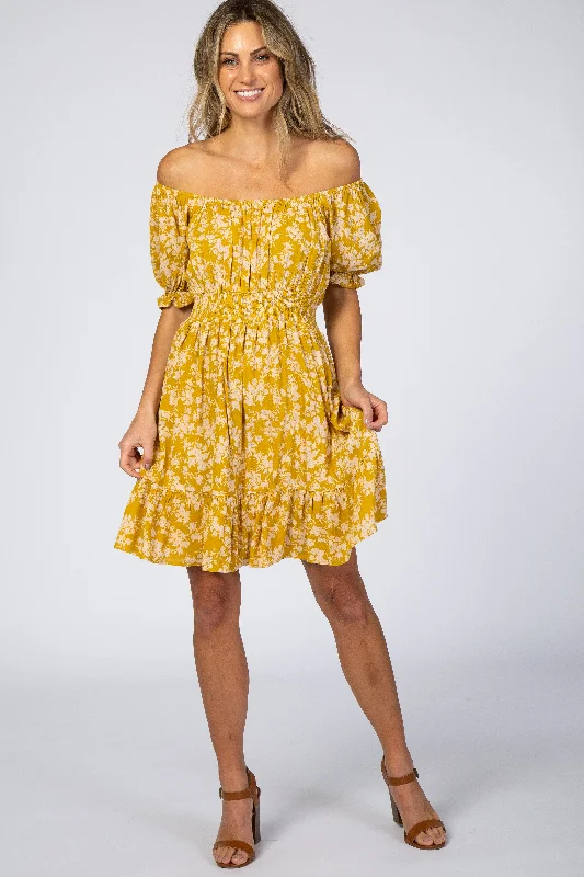 Blue Dresses for Classic -Mustard Floral Off Shoulder Mini Dress