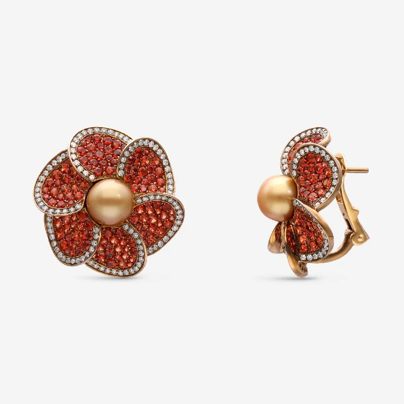 Drop Earrings with Chevron Designs -Assael 18K Yellow Gold, Golden South Sea Cultured Pearl, Orange Sapphire 5.19 ct. tw. and Diamond 1.03ct. tw. Flower Earrings AFE0005