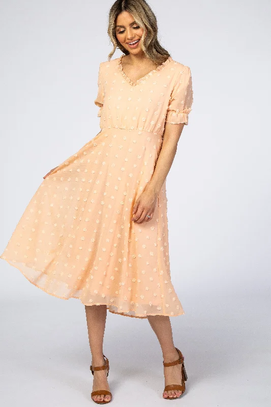 Maxi Dresses for Elegant Style -Peach Swiss Dot Ruffle Trim Dress