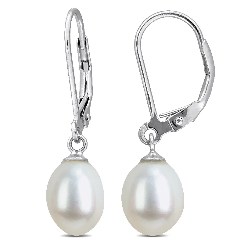 Leverback Drop Earrings for Comfort -Miadora 7-8mm Cultured Freshwater Pearl Leverback Earrings Sterling Silver