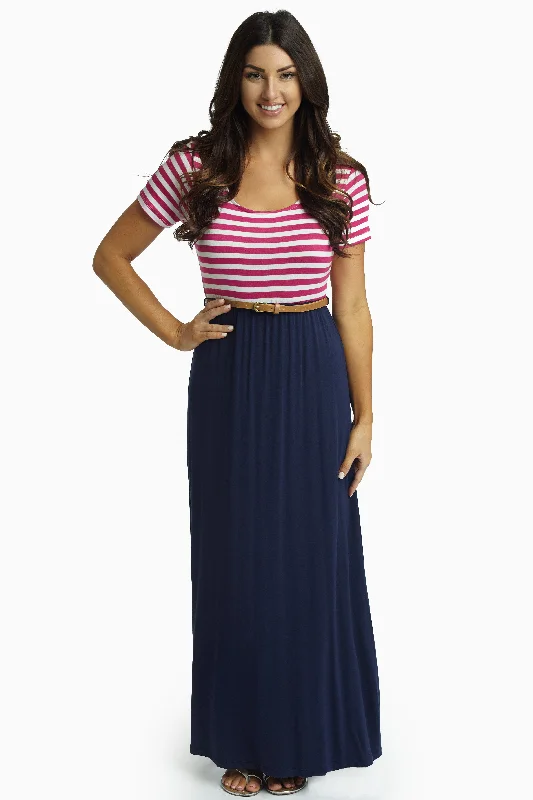 Cocktail Dresses for Party Time -Fuchsia Striped Top Belted Maxi Dress