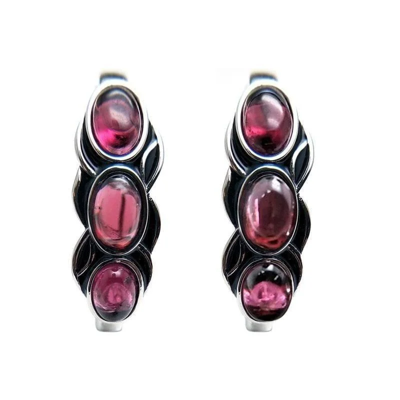 Drop Earrings with Textured Surface -Vintage Style Natural Garnet Rhodolite Stone in 925 Sterling Silver Earrings