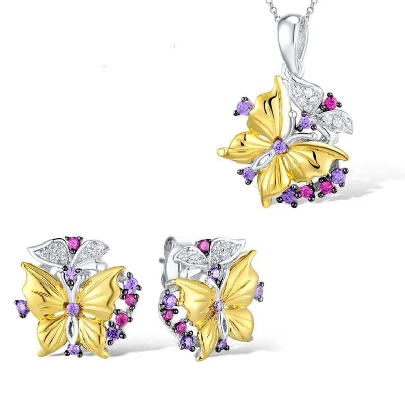 Drop Earrings with Abstract Designs -Butterfly Created Red Stones Earrings Pendant Necklace 925 Sterling Silver Fashion Jewelry Set