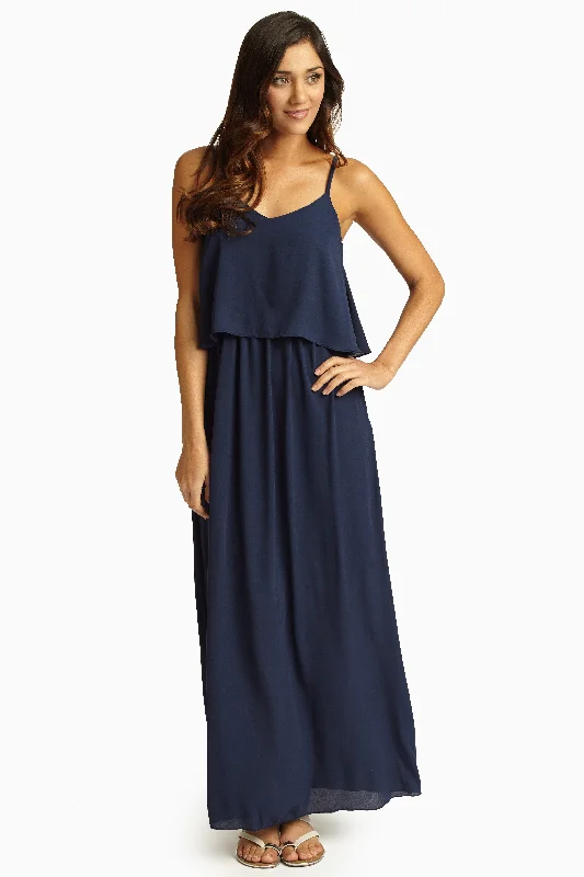 Polyester Dresses for Durable -Navy Blue Overlay Chiffon Maxi Dress