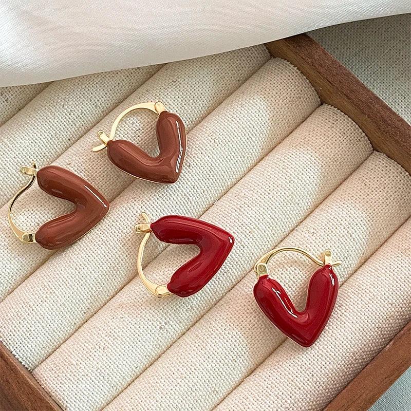 Studded Drop Earrings with Gemstones -French Romantic Wine Red Enamel Heart shaped Pendant Earrings 2023 Fashion Jewelry For Women's Design Sense Eardrop Accessories