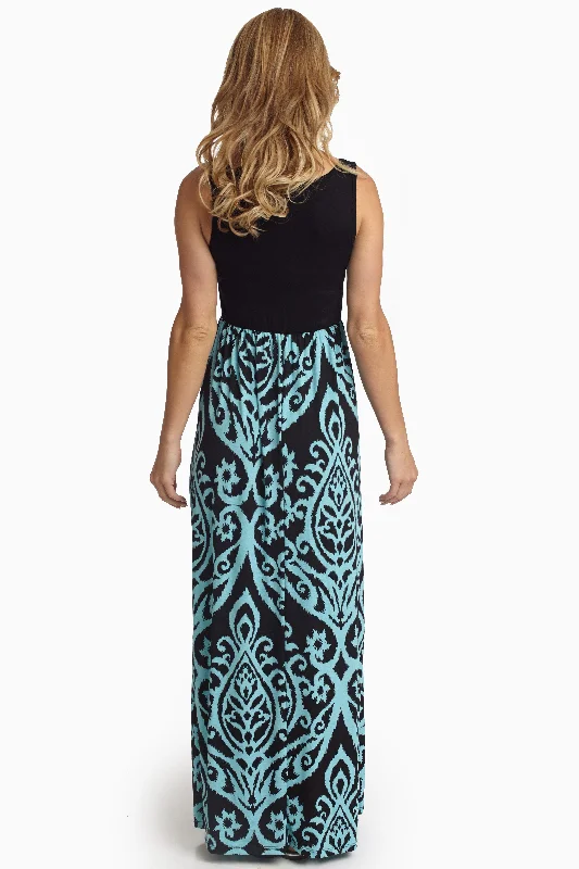 Brown Dresses for Earthy -Aqua Damask Printed Bottom Maxi Dress