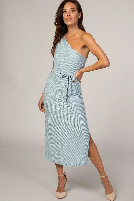 High-waisted Dresses for Flatter -Light Blue One Shoulder Fitted Midi Dress