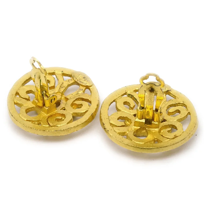 Nickel Free Drop Earrings for Safety -Chanel 1995 Fretwork Paisley Round Earrings Clip-On Gold