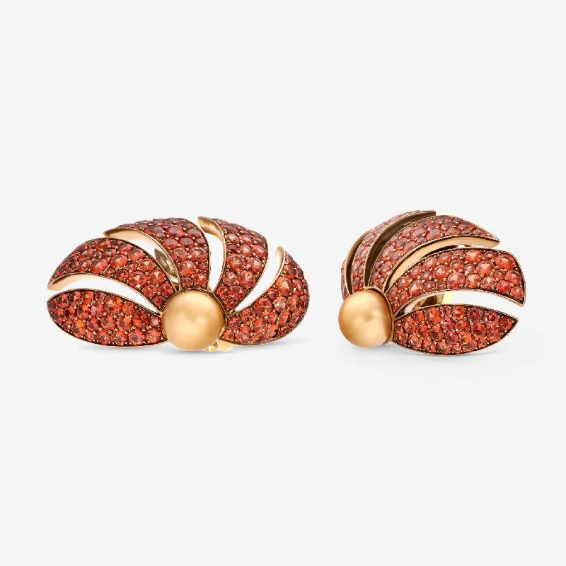 Floral Drop Earrings with Petals -Assael 18K Yellow Gold and Titanium, Orange Sapphire 10.67ct. tw. and Golden South Sea Cultured Pearl Convertible French Clip Earrings AFE0008