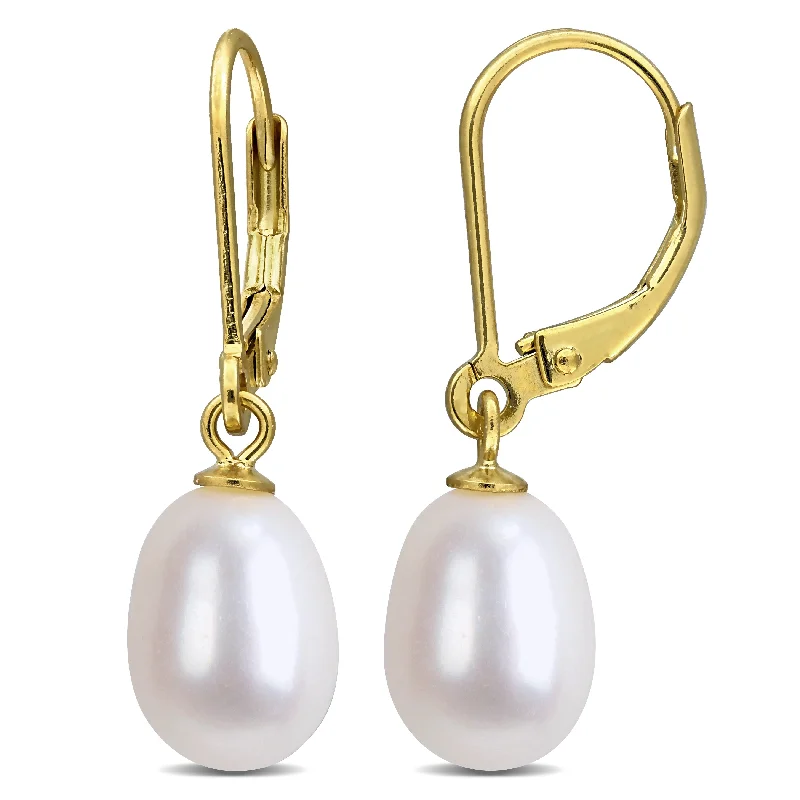 Drop Earrings with Knot Designs -Miadora 7-8mm Cultured Freshwater Pearl Leverback Earrings Yellow Plated Sterling Silver