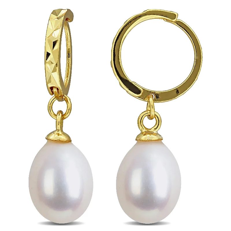 Drop Earrings for Valentine's Day -Miadora 7-8mm Cultured Freshwater Pearl Huggie Drop Earrings Yellow Plated Sterling Silver